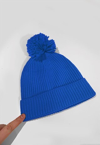 SKI BOBBLE KNITTED RIBBED BEANIE HAT - ROYAL BRIGHT BLUE