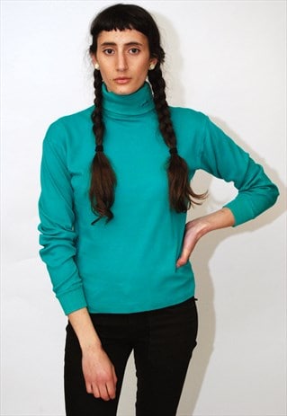 VINTAGE TURTLENECK TOP (M) SHIRT 90S HORSE LONG SLEEVE TEAL