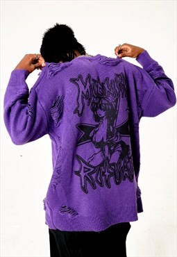 Anime sweat ripped grunge jumper distressed rave top purple