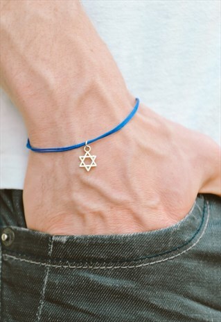 MEN'S BRACELET, SILVER STAR OF DAVID, BLUE CORD, JEWISH STAR