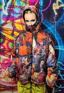 Psychedelic bomber jacket detachable raver puffer in rainbow