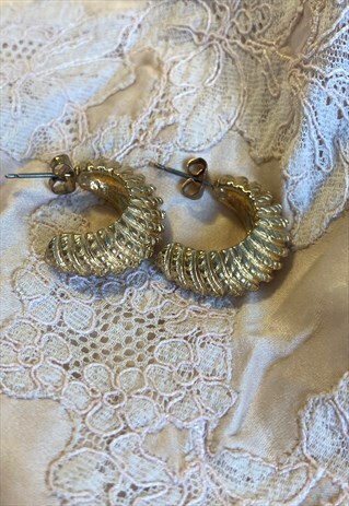 GOLD TONE CHUNKY HOOP EARRINGS STUDS CROISSANT VINTAGE