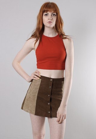 VINTAGE 70S BROWN SUEDE PATCHWORK BUTTON MINI SKIRT