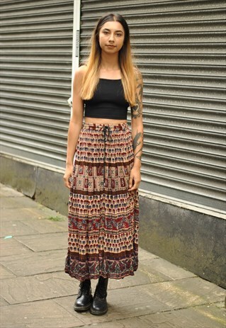 VINTAGE BOHO INDIAN FLORAL PRINT MAXI SKIRT