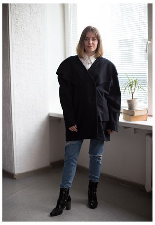 VINTAGE 60'S BLACK WOOL DOUBLE BREASTED JACKET
