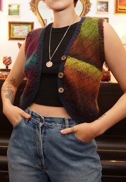 Vintage 90s Hand Knit Wool Sweater Vest in Multicolour