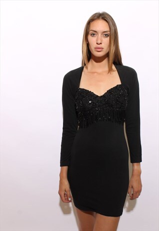 VINTAGE 1980'S 80'S BEAD FRINGE CUTOUT BLACK BODY CON XS-S