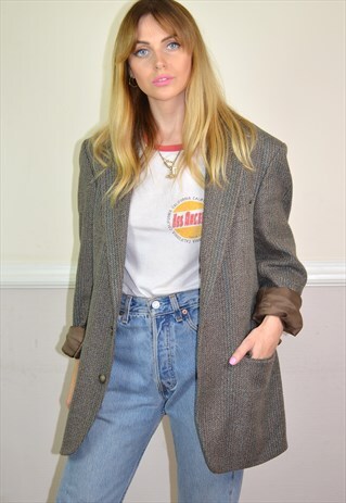 VINTAGE GREY TWEED OVERSIZED BOYFRIEND BLAZER JACKET