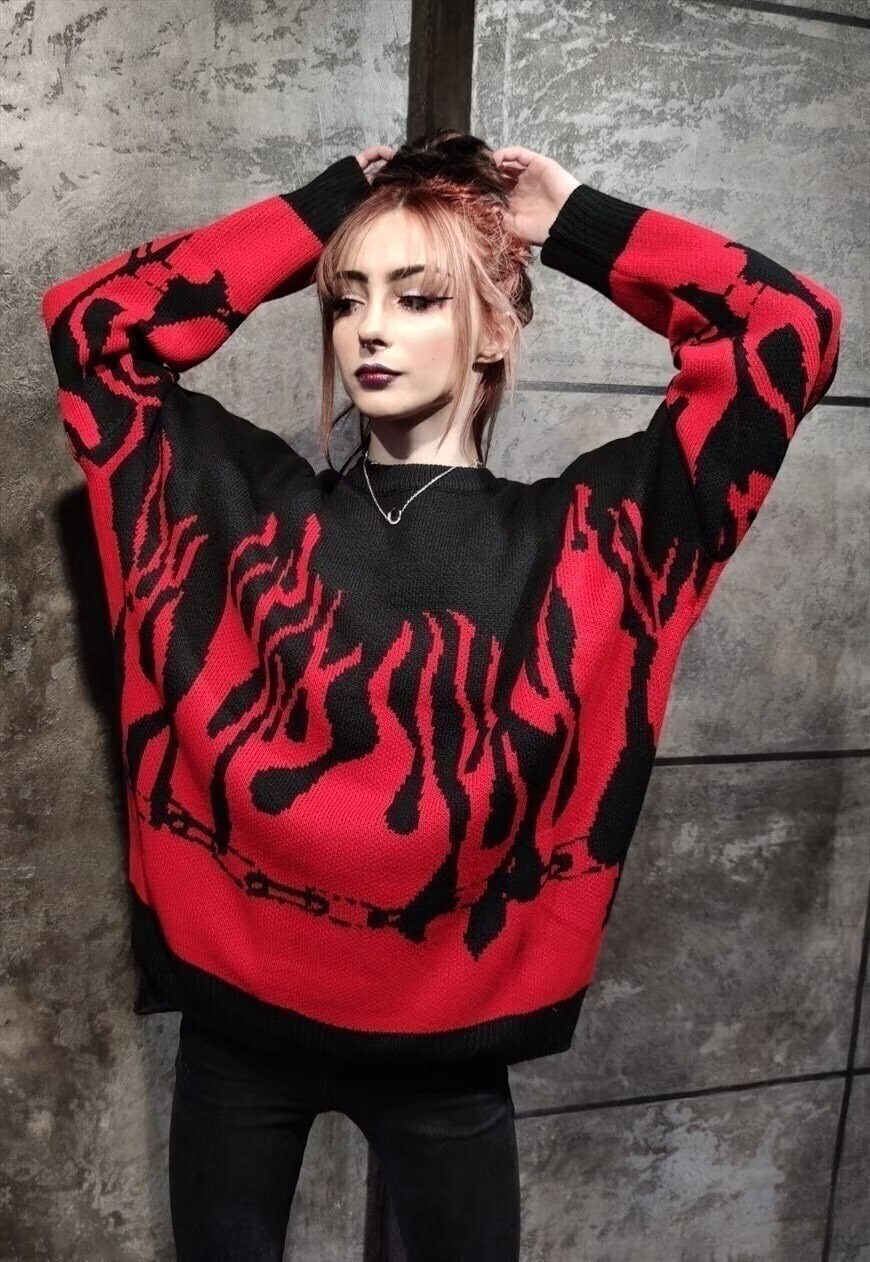 Black and 2025 red flame sweater