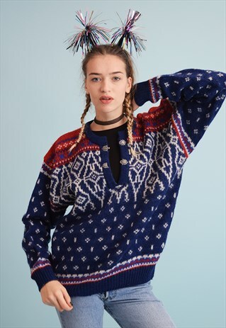 90'S RETRO NORDIC FAIR ISLE WOOL KNIT CHRISTMAS JUMPER