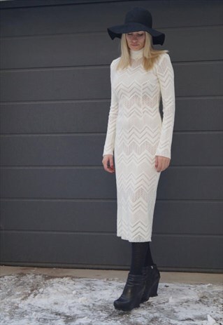 WHITE KNIT DRESS PENCIL EVENING LONG SLEEVE DRESS F1540