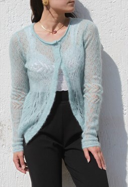 Vintage light teal blue mohair blend see through cardigan