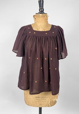 70's Brown Cheesecloth Angel Sleeve Embroidery Smock Top
