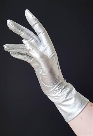 VINTAGE 60S METALLIC SILVER LONG EVENING GLOVES / WEDDING