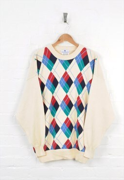 Vintage Knitted Jumper Retro Pringle Pattern Cream XL