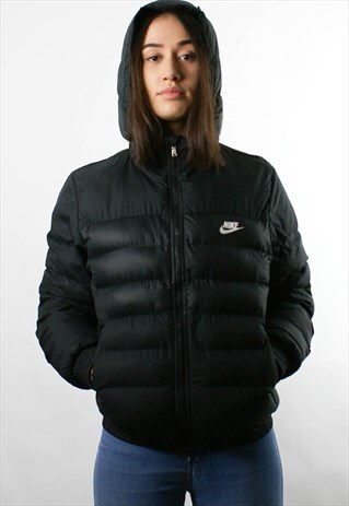 NIKE 1990S BLACK PADDED PUFFER COAT/ JACKET, HOOD