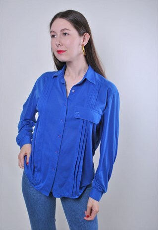 WOMEN VINTAGE BLUE OVERSIZED BLOUSE WITH LONG SLEEVE