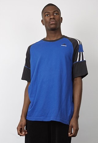 VINTAGE 90'S ADIDAS LOGO STRIPE DETAIL BLUE T-SHIRT