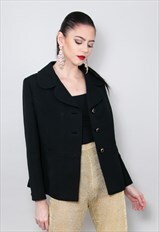 70's Vintage Ladies Jacket Black Wool Long Sleeve 3 Button