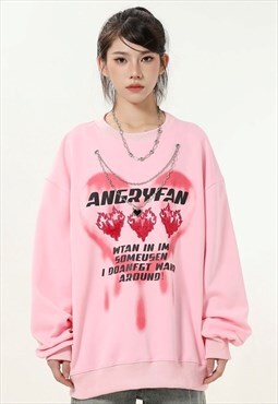 Heart print sweatshirt metal chain jumper retro top in pink