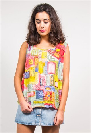 90'S VINTAGE MULTICOLOUR CRAZY PATTERN BLOUSE TOP VEST