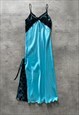 VINTAGE Y2K 00S SATIN MAXI BLUE DRESS WITH LACE TRIM