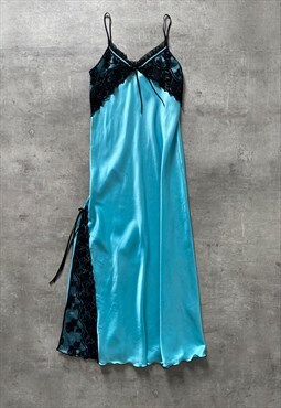 Vintage Y2K 00s satin maxi blue dress with lace trim