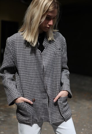 VINTAGE 80'S CHECK WOOL BLAZER JACKET IN GREY
