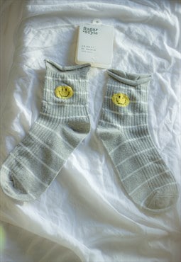 Grey Stripy Socks with Fuzzy Face