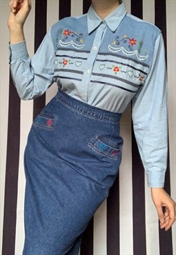 Vintage 80s denim shirt, floral embroidery, UK12/14 Large