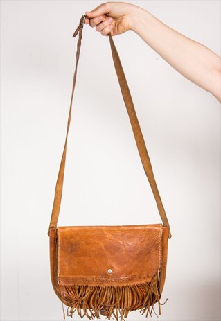 70'S RETRO TAN LEATHER TASSEL HIPPIE FESTIVAL SHOULDER BAG