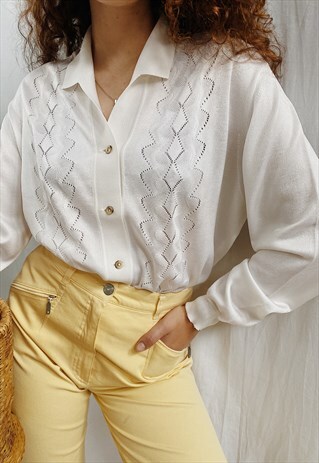 VINTAGE 70S TEXTURED WHITE KNIT MILKMAID CARDIGAN JUMPER