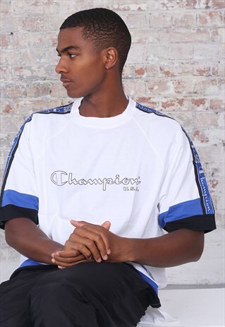 VINTAGE CHAMPION LOGO T-SHIRT WHITE BLUE BLACK
