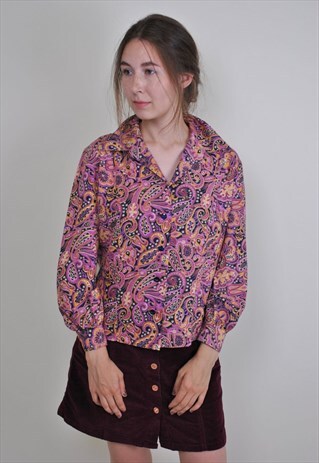 80S BUTA PRINT PURPLE BLOUSE, VINTAGE NATIVE PATTERN SHIRT