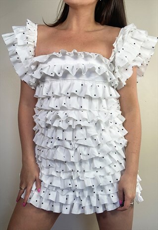 VINTAGE Y2K WHITE RUFFLE POLKA DOT DRESS
