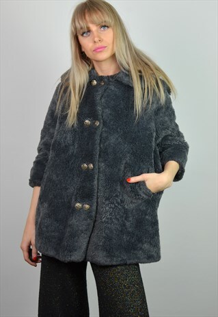 VINTAGE NAVY BLUE FAUX FUR CROPPED JACKET / COAT