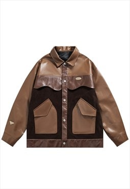 Faux leather varsity jacket contrast college bomber in brown