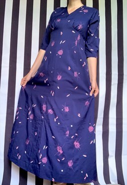 Vintage 70s maxi purple dress with print, UK14/16