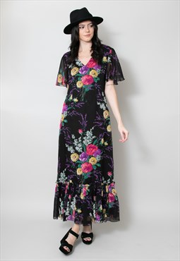 70's Vintage Black Floral Short Sleeve Ruffle Midi Dress