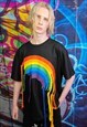 RAINBOW T-SHIRT Y2K REWORKED ROPE THREAD PATCH TEE IN BLACK
