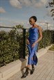 BLUE COWL NECK STRAP SLIP MIDI DRESS
