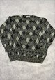 VINTAGE KNITTED JUMPER ABSTRACT PATTERNED GRANDAD SWEATER