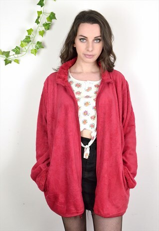 90S VINTAGE RED OVERSIZED FLUFFY EDGED FULL ZIP FLEECE