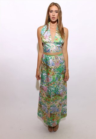 VINTAGE 1970'S 70'S HALTER OUTFIT PSYCHEDELIC FOREST S-M