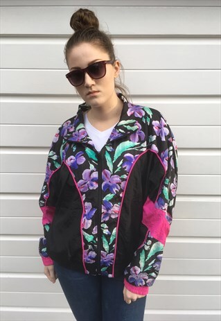 WOMENS VINTAGE 80S BLACK PINK FLORAL SHELL SUIT JACKET TOP