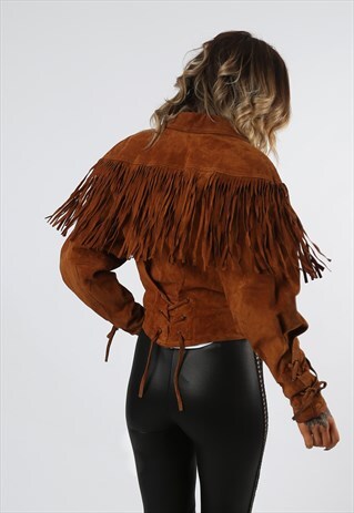 SUEDE LEATHER FRINGE TASSEL JACKET VINTAGE UK 10 (BDE)