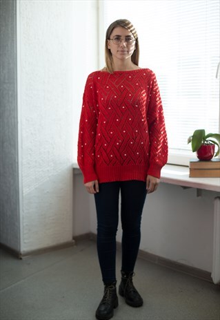 VINTAGE 80'S RED PEARL BEADED JUMPER