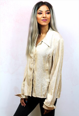 1990S VINTAGE LIGHT GOLD METALLIC CRINKLE BLOUSE