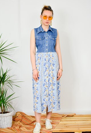 BUTTON UP DOWN DENIM DRESS VINTAGE JEANS SLEEVELESS M