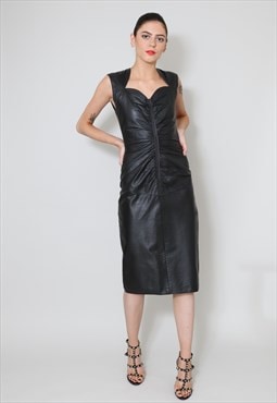 Vintage 80's Ladies Dress Sleeveless Leather Ruched Midi